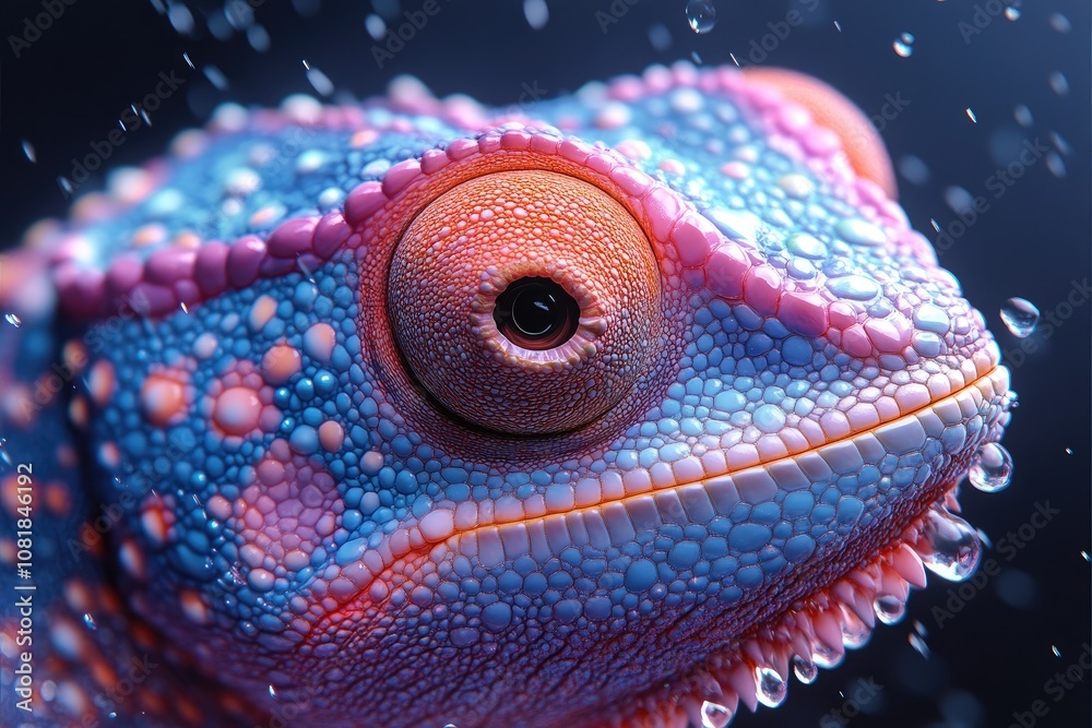 Obraz premium Close-up of chameleon skin with water drops. Perfect for nature documentaries, animal science, or reptilian themes.