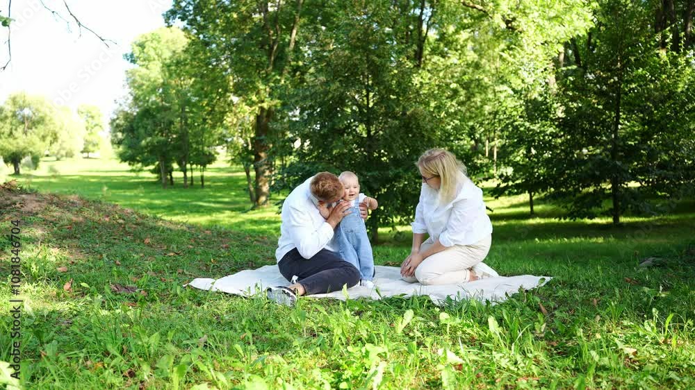 Mom and dad kiss baby, tickle him, showing love to him. Family enjoying spending time together in park on summer weekend, sitting on grass on blanket. Family weekend. International Family Day Mom and dad kiss baby, tickle him, showing love to him. Family enjoying spending time together in park on summer weekend, sitting on grass on blanket. Family weekend. International Family Day