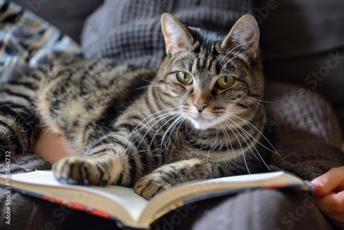 A tabby cat resting on an open book, being held by a person.