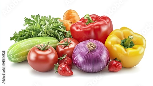 A vibrant assortment of fresh vegetables and strawberries, featuring red and yellow bell peppers, tomatoes, cucumber, and herbs.