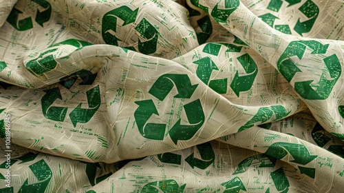 A soft textile surface with a printed pattern of recycling logos in various shades of green, highlighting the theme of sustainability and environmental care.