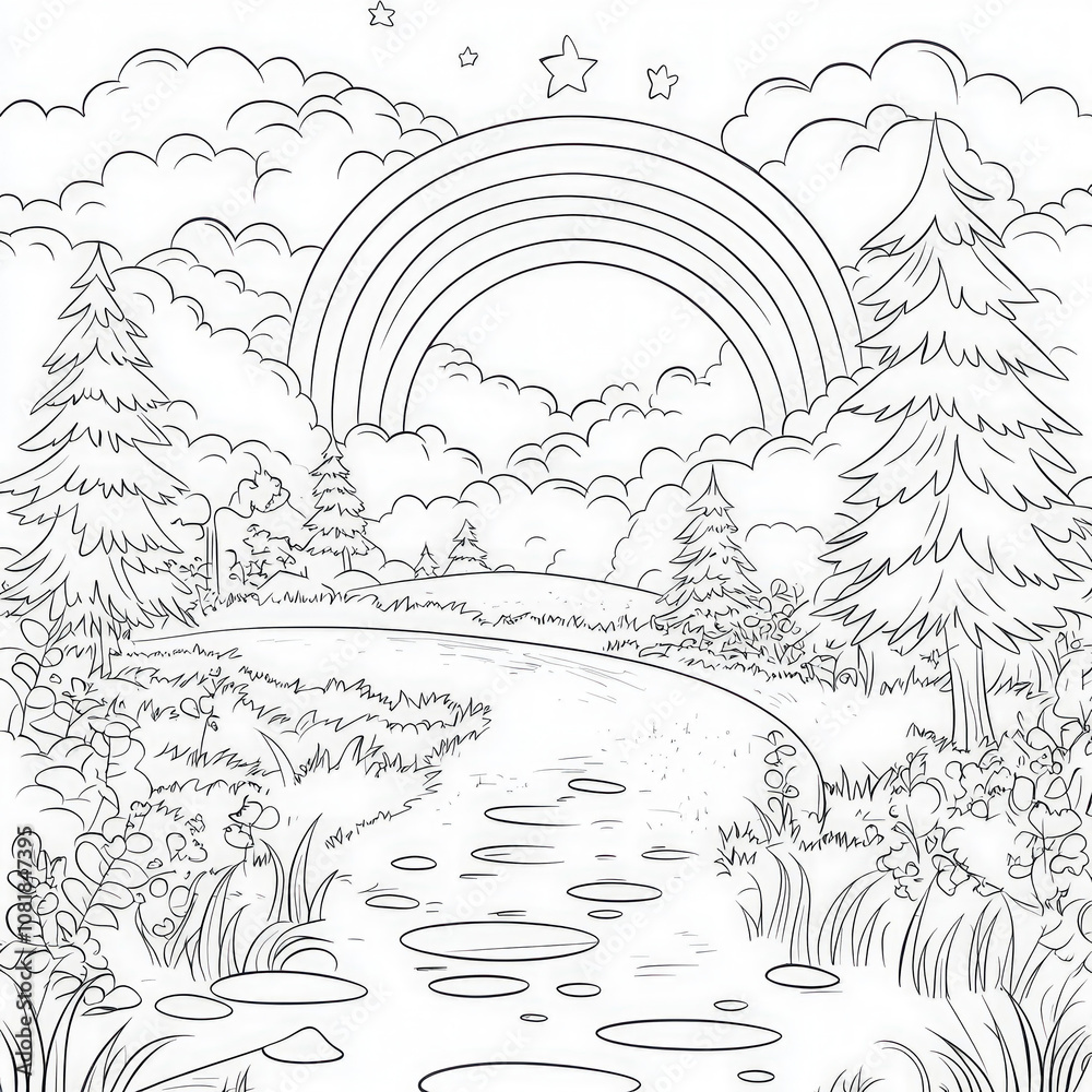 A vibrant rainbow arching over a playful landscape, coloring page for kids, simple outline illustration. Coloring book, simple lines. A vibrant rainbow arching over a playful landscape, coloring page for kids, simple outline illustration. Coloring book, simple lines.