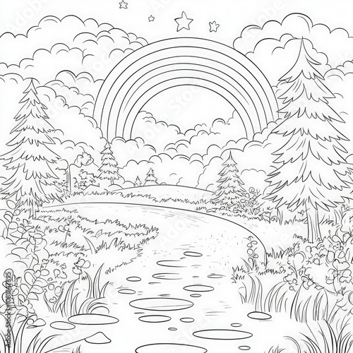 A vibrant rainbow arching over a playful landscape, coloring page for kids, simple outline illustration. Coloring book, simple lines.