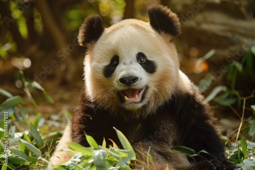 A giant panda smiles with its mouth open in a lush bamboo forest.