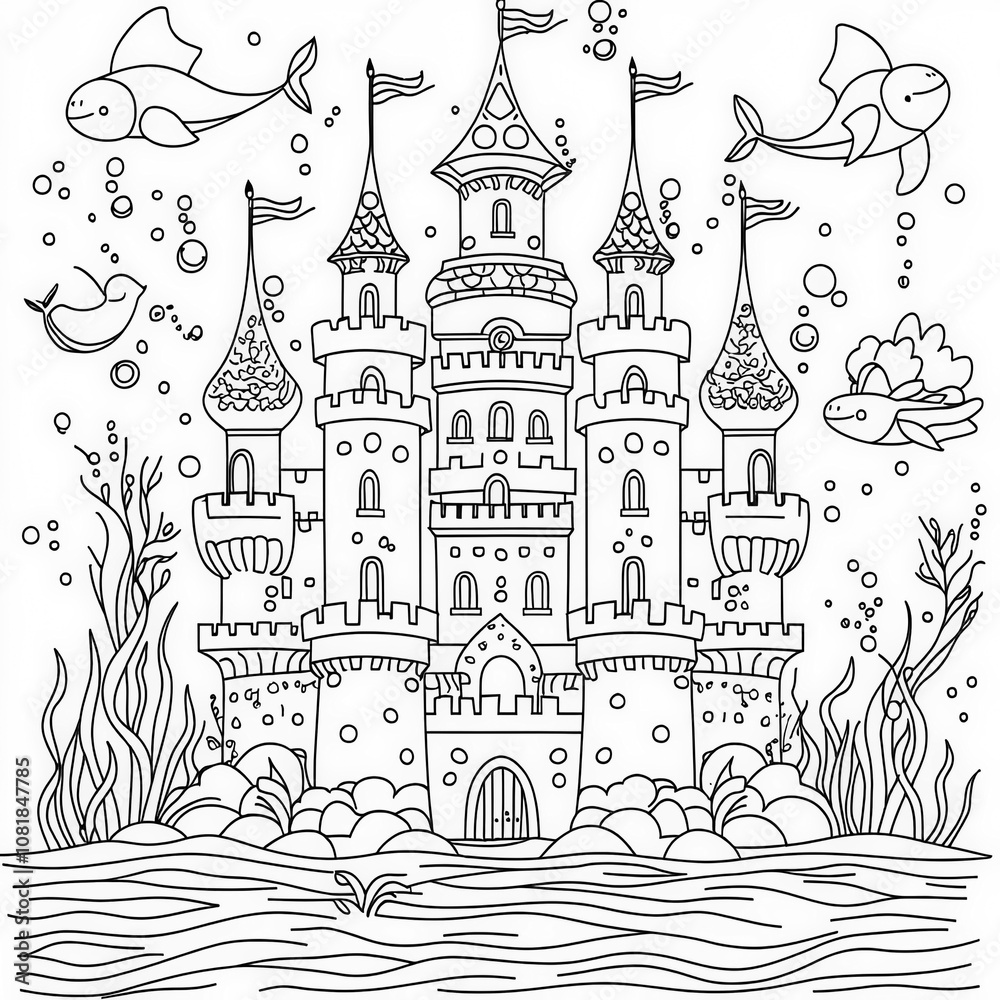Fototapeta premium An underwater palace with mermaids, coloring page for kids, simple outline illustration. Coloring book, simple lines.