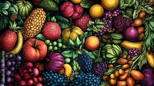 A vibrant display of assorted fruits including berries, oranges, and tropical varieties, showcasing rich colors and textures.