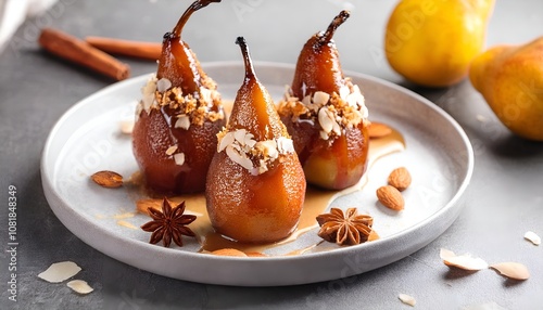 Delicious pears with caramel sauce, almond flakes and anise stars on the table