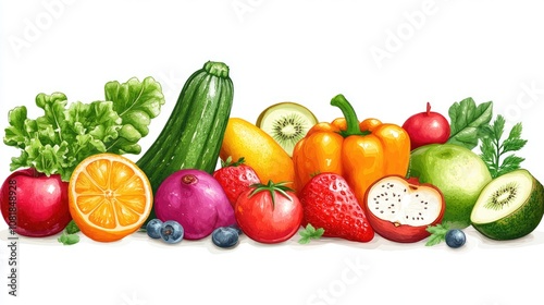 A vibrant display of fresh fruits and vegetables, showcasing a variety of colors and textures.