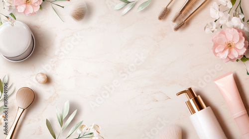 Elegant and professional beauty product layout with floral accents, featuring skincare items, brushes, and decorative elements on marble background