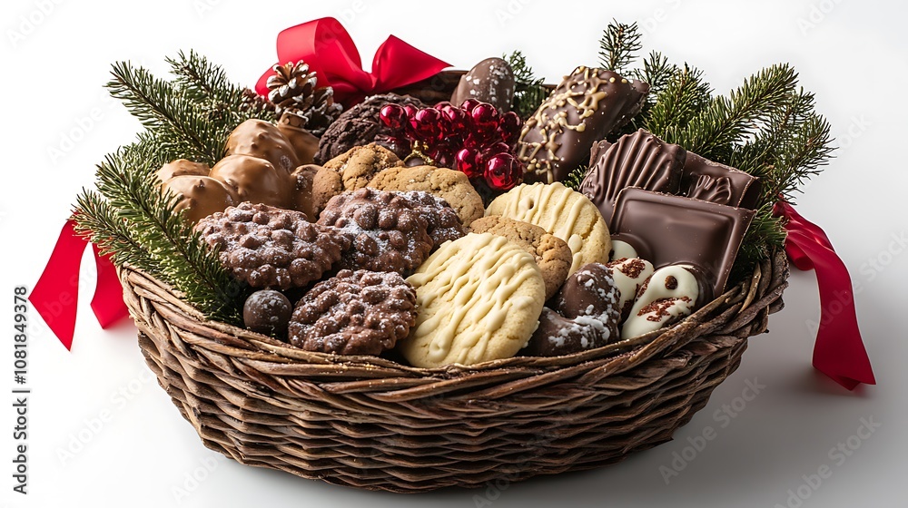 A festive gift basket filled with holiday cider, spiced cookies, chocolates, and Christmas-themed snacks, styled on a bright white background. A festive gift basket filled with holiday cider, spiced cookies, chocolates, and Christmas-themed snacks, styled on a bright white background.
