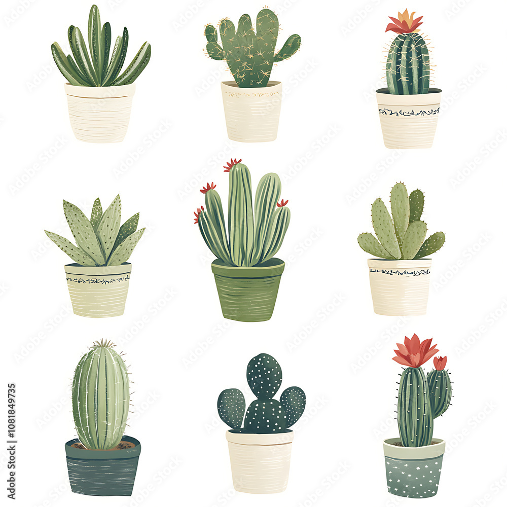 A vibrant collection of cacti in decorative pots showcasing diverse shapes and colors, perfect for home or office decor A vibrant collection of cacti in decorative pots showcasing diverse shapes and colors, perfect for home or office decor
