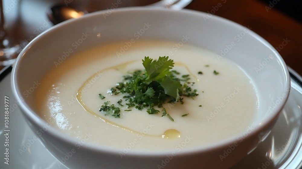 A bowl of creamy white soup garnished with fresh herbs and a drizzle of oil. A bowl of creamy white soup garnished with fresh herbs and a drizzle of oil.