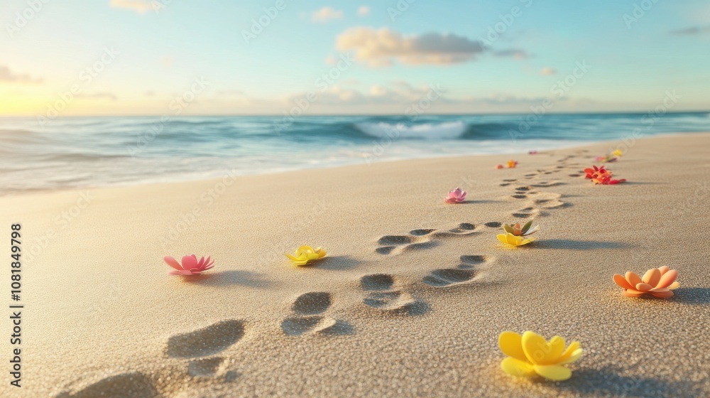 Footprints and flowers leading to the ocean at sunset on tropical beach