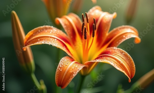Vibrant orange lily flower with dew drops
