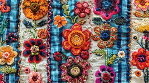 A textile-inspired background blending South American embroidery patterns, African mud cloth designs, and European floral motifs, creating a dynamic and culturally diverse visual. photo