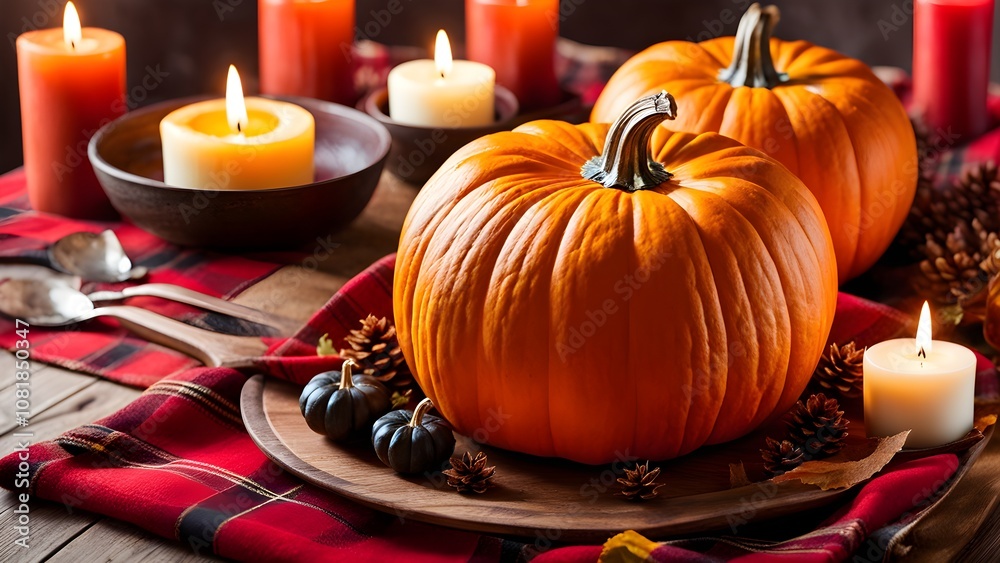 A rustic wooden table is set with pumpkins, candles, and a plaid tablecloth for a fall feast. A rustic wooden table is set with pumpkins, candles, and a plaid tablecloth for a fall feast.