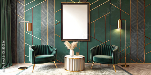 A 3D-rendered mockup of a blank poster frame on a dark green wall with thin gold outlines in an Art Deco lounge.