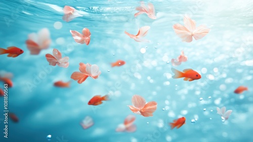 Wallpaper Mural Goldfish swimming among delicate flower petals underwater Torontodigital.ca