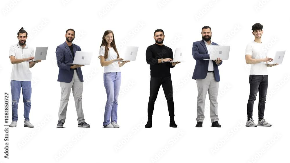 A group of people, full-length, on a white background, using a laptop A group of people, full-length, on a white background, using a laptop