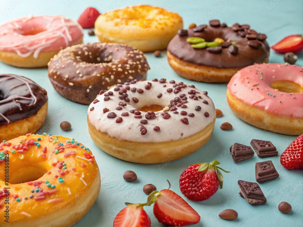 Colorful Glazed Donuts Display on a Bright Background - Perfect for Sweet Treats, Dessert Menus, and Food Blogs Featuring Vibrant and Delicious Donut Variations Colorful Glazed Donuts Display on a Bright Background - Perfect for Sweet Treats, Dessert Menus, and Food Blogs Featuring Vibrant and Delicious Donut Variations
