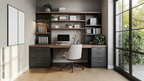 A minimalist home office with sleek furniture, well-organized shelves, and creative storage solutions for a functional workspace