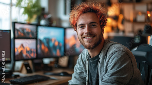 Smiling stylish modern young man with colored hair sits in front of computer monitors in bright office, startup, programmer, designer, geek, informal guy, entrepreneur, open space, IT specialist