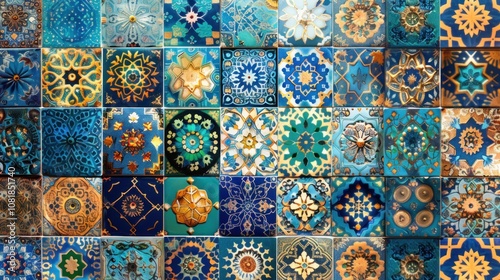 Wallpaper Mural A traditional Middle Eastern design featuring intricate mosaic and tile patterns, using deep blues, greens, and gold to create an exotic and cultural vibe. Torontodigital.ca