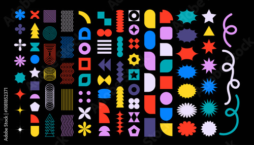 Collection of colorful brutal contemporary elements spiral flower star oval circle and other shapes. Abstract minimal geometric elements shapes and grids set. Brutalist design.