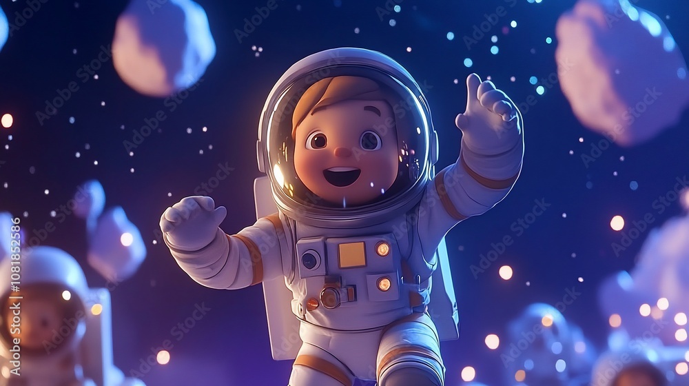 Joyful astronaut floating in space, surrounded by asteroids. Joyful astronaut floating in space, surrounded by asteroids.
