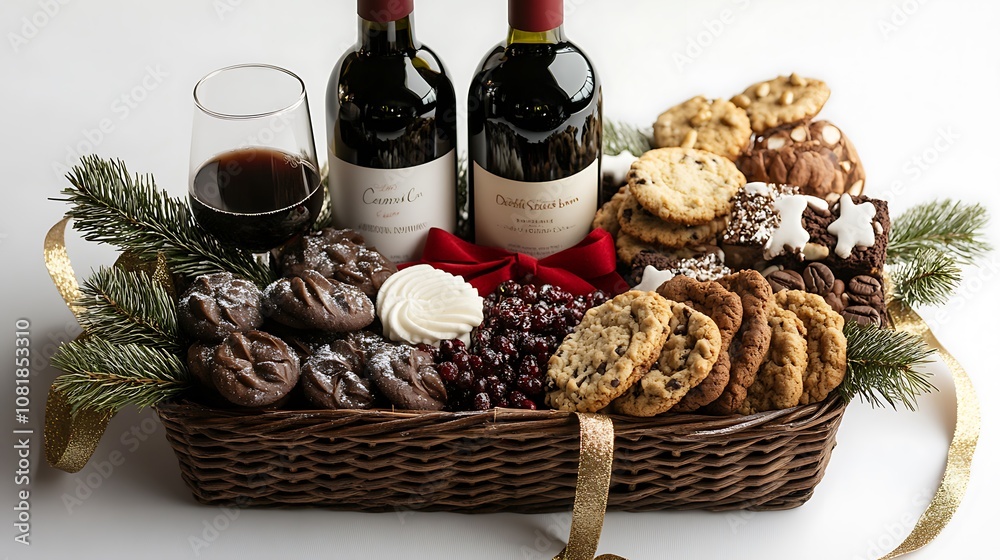 A holiday gift basket featuring premium wine, a holiday coffee blend, and festive cookies, displayed on a pristine white background. A holiday gift basket featuring premium wine, a holiday coffee blend, and festive cookies, displayed on a pristine white background.