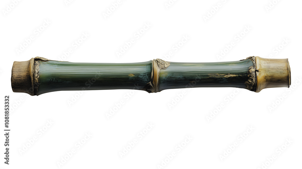 A long bamboo stick with a brown tip. The stick is green and brown in color. It is a long thin object A long bamboo stick with a brown tip. The stick is green and brown in color. It is a long thin object