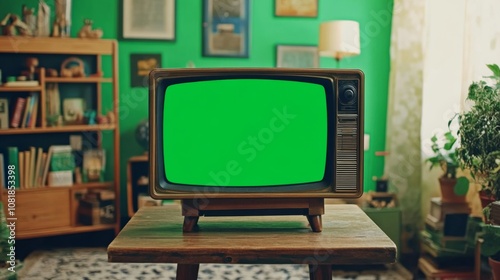 Vintage TV with green screen mock-up showcasing nostalgic 90s technology concept. Stunning closing shot capturing retro aesthetics. photo