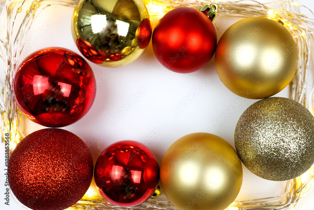 Christmas balls in red and gold lie on a white background with space for text, surrounded by a bright golden garland. The concept of Christmas, New Year and Holiday. High quality photo Christmas balls in red and gold lie on a white background with space for text, surrounded by a bright golden garland. The concept of Christmas, New Year and Holiday. High quality photo