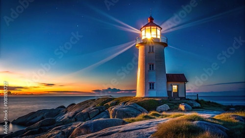 Close-up of a glowing lighthouse in Sweden at night photo