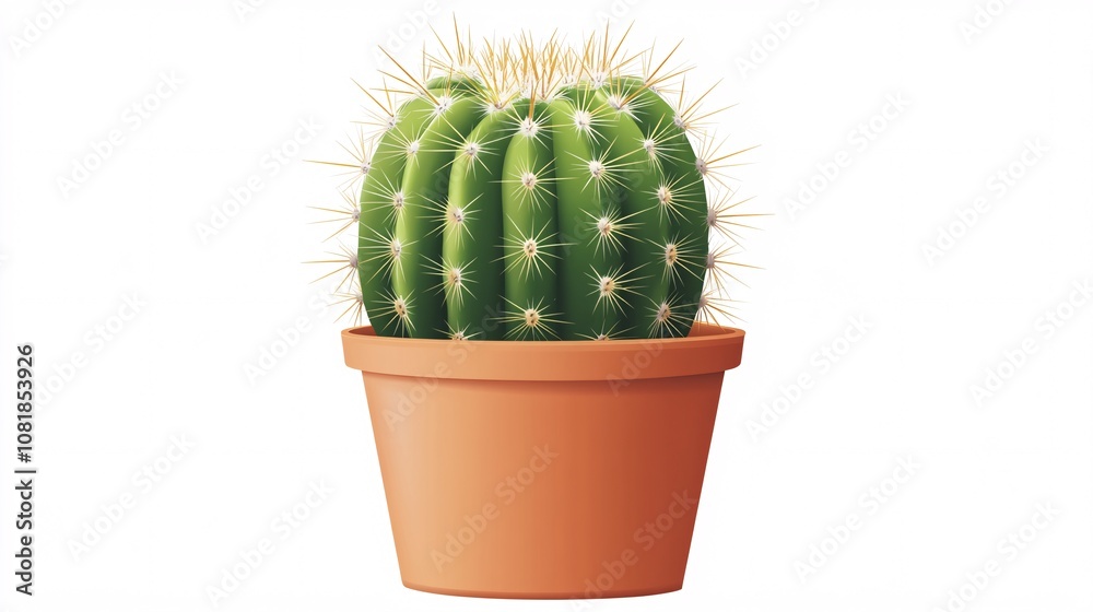 58.A clean, simple vector illustration of a vibrant green cactus with soft spikes, standing tall in a terracotta pot, all set against a white background. The pot has a natural earthy texture,
