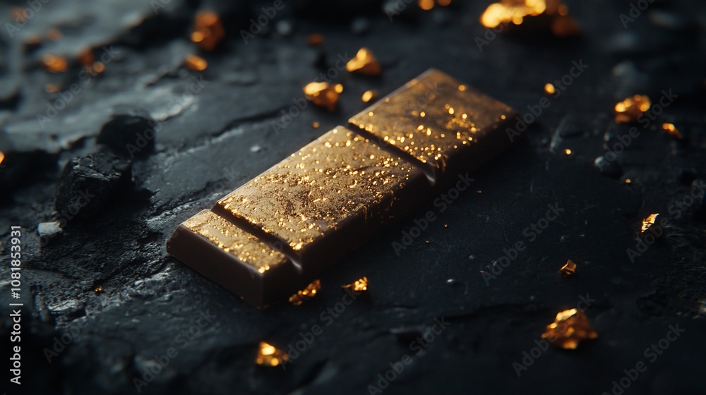 A single dark chocolate bar covered in gold leaf, on a black background, with gold flakes around. A single dark chocolate bar covered in gold leaf, on a black background, with gold flakes around.