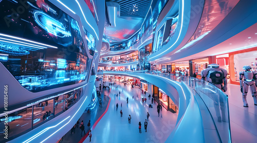 A futuristic mega-mall where holographic displays guide shoppers and robots assist with purchases creating an immersive shopping experience.