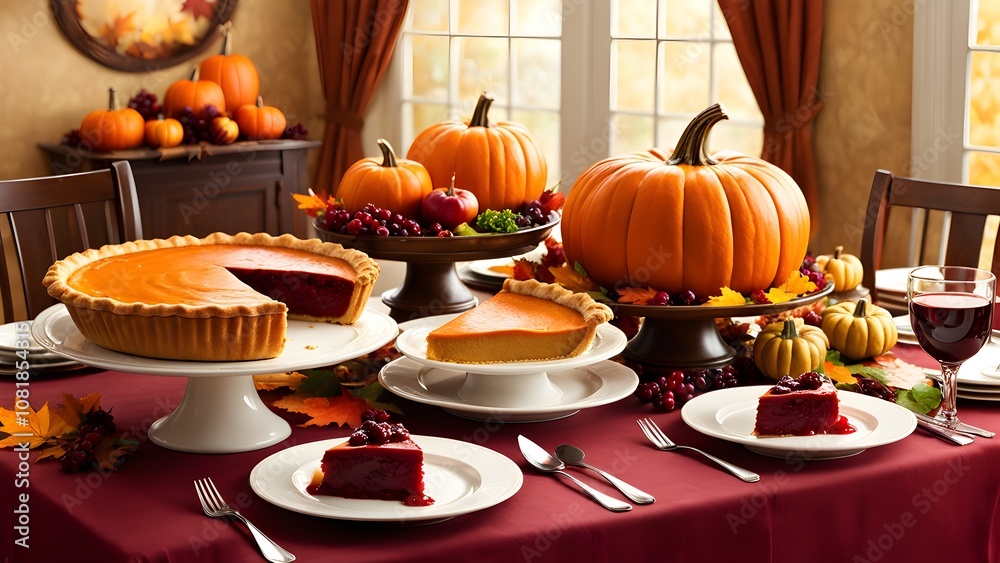 Thanksgiving table setting with pumpkin pie, red wine, and autumn decor. Thanksgiving table setting with pumpkin pie, red wine, and autumn decor.