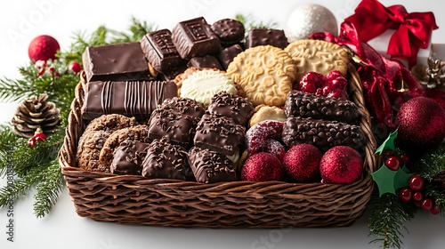 A holiday gift basket filled with fine wine, gourmet chocolate pieces, and holiday cookies, arranged on a bright white background.