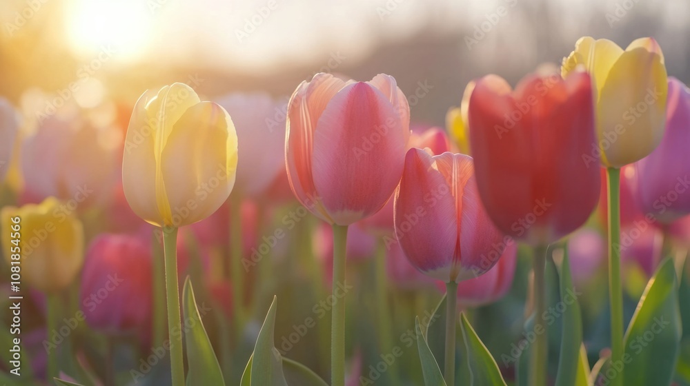 Colorful tulips in full bloom, creating a bright and joyful spring flower background Colorful tulips in full bloom, creating a bright and joyful spring flower background
