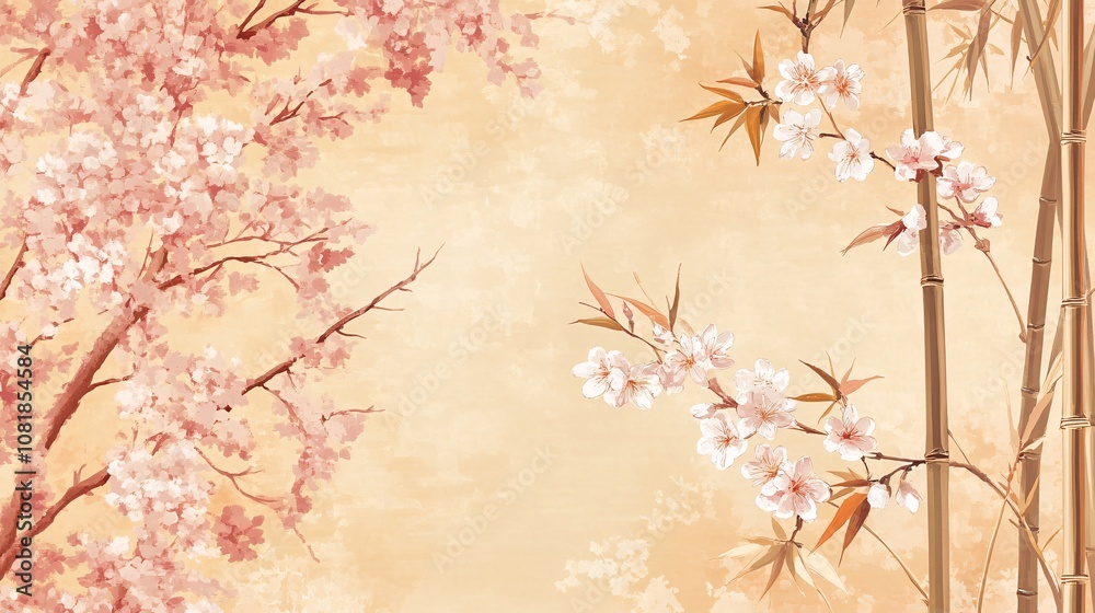 65.A continuous pattern of soft pink cherry blossoms delicately arranged alongside thin, vertical bamboo stalks, displayed on a peach-toned background. The blossoms are detailed with subtle shading,