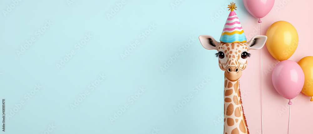 Obraz premium Playful Giraffe Celebrating with Balloons, charming cartoon giraffe in a festive birthday hat, perfect for cheerful birthday greetings.