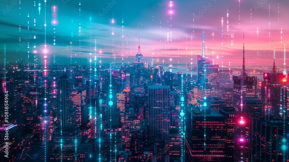 Obraz premium Digital cityscape sunset. Vibrant metropolis at dusk, showcasing technological advancement and data flow. Represents progress and connectivity.