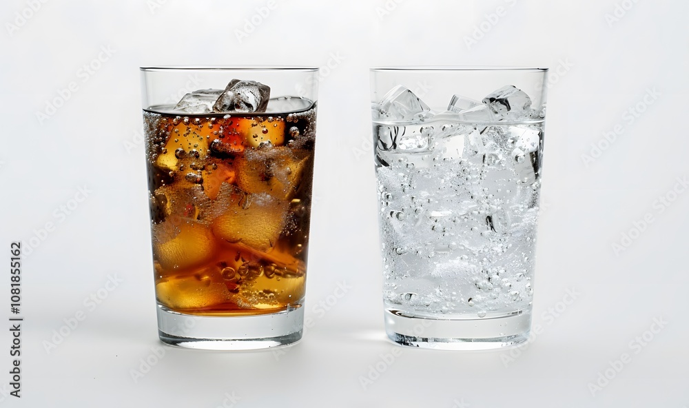 Mineral water vs sugary soda glass, healthy unhealthy drink beverages Mineral water vs sugary soda glass, healthy unhealthy drink beverages