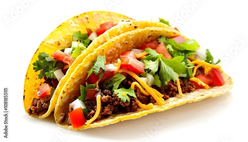 Taco white background, Mexican food tortilla meat cheese tomato salsa cuisine
