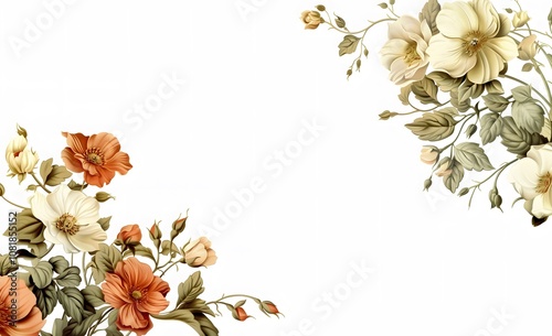 Vintage flower border frame card design, retro floral classic white background