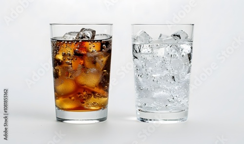 Mineral water vs sugary soda glass, healthy unhealthy drink beverages