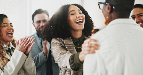 Applause, congratulations and success with business people in office for celebration of promotion. Bonus, goals and target with employee group clapping in workplace for achievement or solidarity