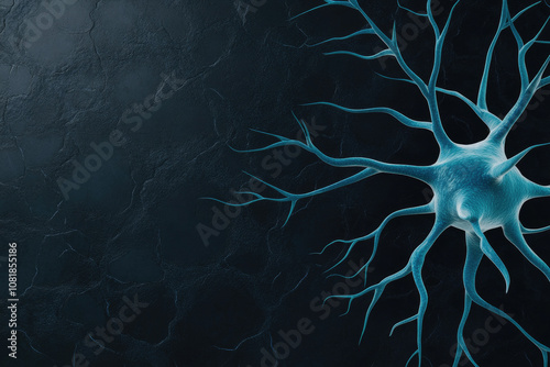 Dark Blue Neuron Cell Illustration, intricate depiction of a neuron against a black backdrop, highlighting its complex structure and connections photo