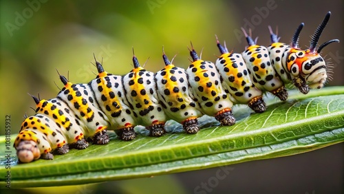 Close-up of a Clouded magpie moth Abraxas sylvata caterpillar feeding on a leaf photo